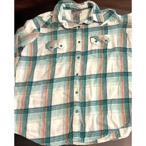 Wrangler Wrancher Shirt Women's Sz XL Plaid Teal Long Sleeve Pearl Snap Western